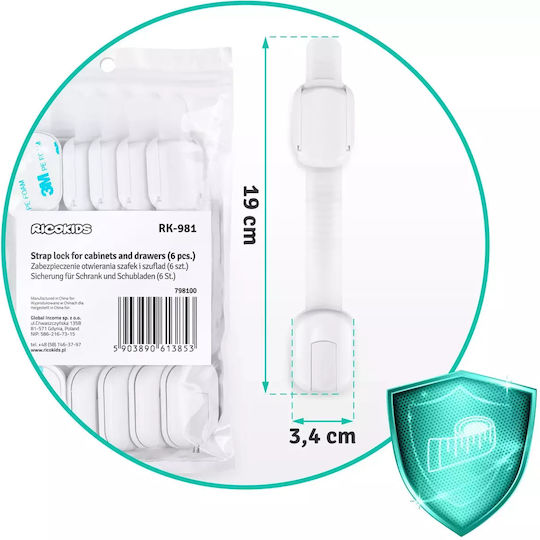 Ricokids Cabinet & Drawer Lock made of Plastic in White Color 3.4x19cm 6pcs