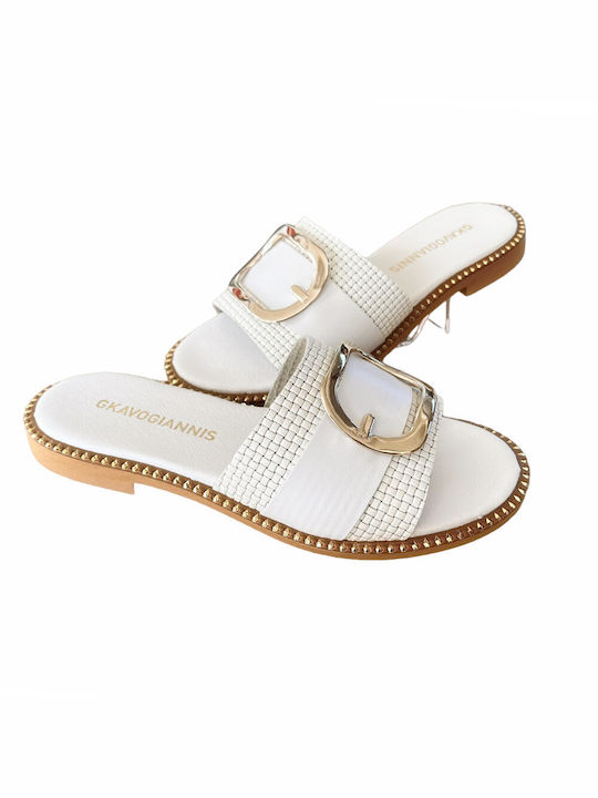 Gkavogiannis Sandals Leather Women's Flat Sandals in White Color