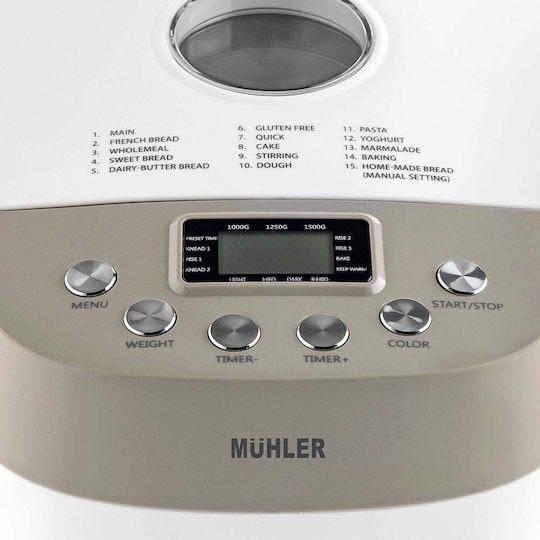 Muhler Bread Maker 850W with Container Capacity 1500gr and 15 Baking Programs