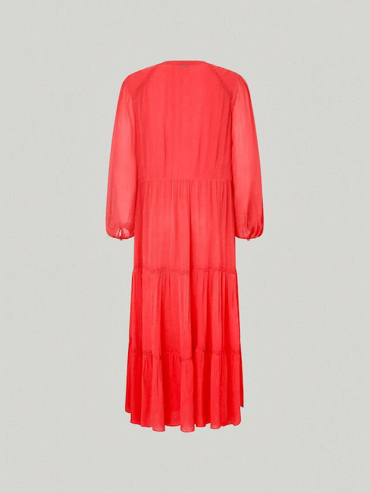 Pepe Jeans Maxi Dress with Ruffle Red