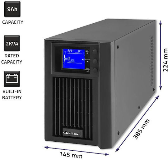 Qoltec 53981 UPS Устройства On-Line 2000VA 1600W с 2 Schuko AC Гнезда