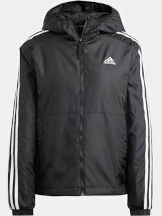 Essentials 3-Stripes Insulated Women's for Hiking Short Sports Jacket for Spring or Autumn with Hood Black