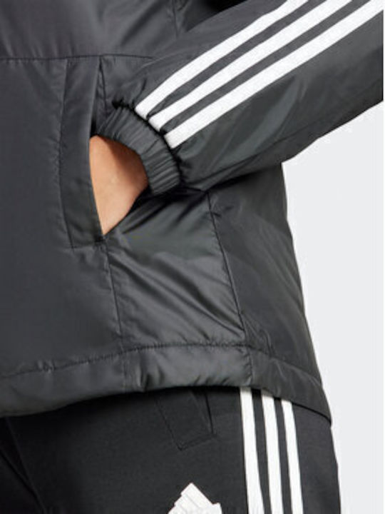Essentials 3-Stripes Insulated Women's for Hiking Short Sports Jacket for Spring or Autumn with Hood Black
