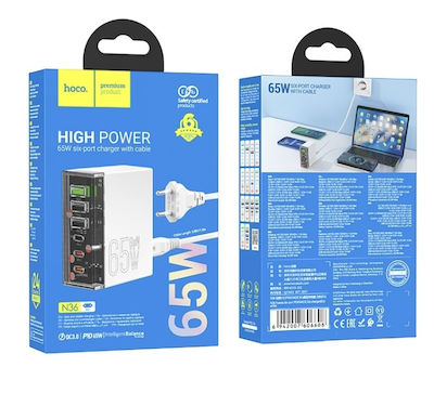 Hoco Suport de Încărcare cu 3 Porturi USB-A și 3 Porturi USB-C 65W Livrarea energiei / Quick Charge 3.0 în culoarea Alb (N36)