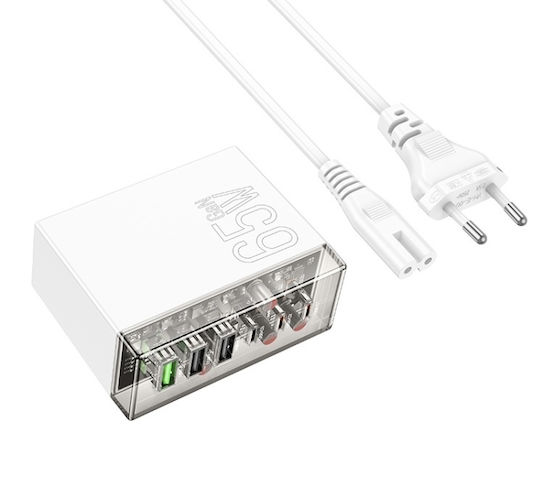 Hoco Charging Stand with 3 USB-A Ports and 3 USB-C Ports 65W Power Delivery / Quick Charge 3.0 in White color (N36)