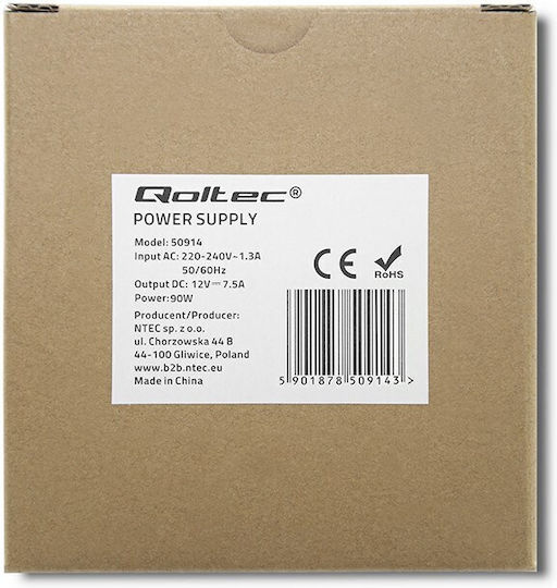 Qoltec Τροφοδοτικό Ράγας με Έξοδο 12V και Ισχύ 90W 7.5A
