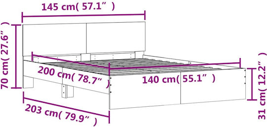 Легло Двойно Дървено Grey Concrete с Ламели за Матрак 140x200см