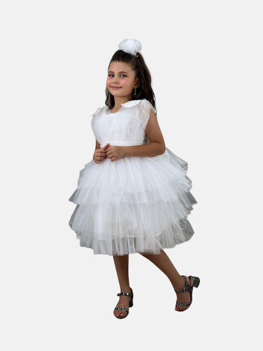 Kids Dress Tulle Sleeveless White