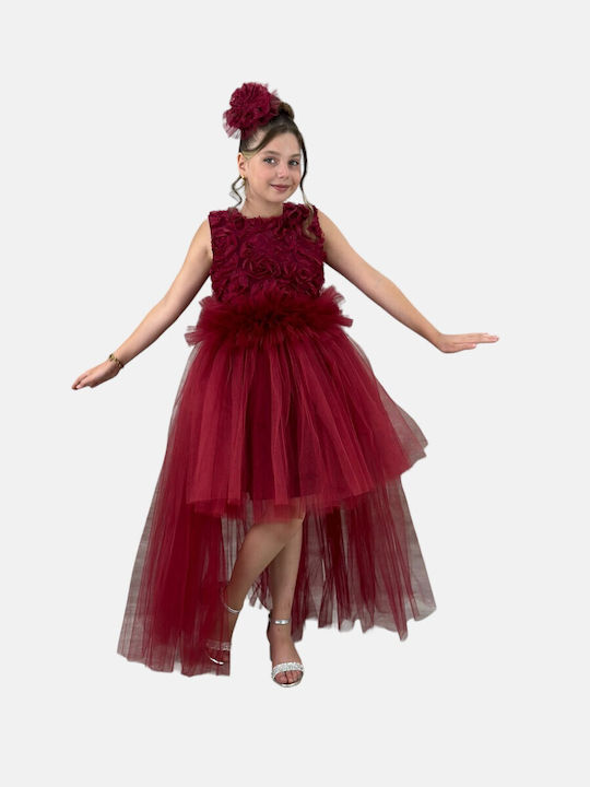 Kids Dress Tulle Floral Sleeveless Bordeaux