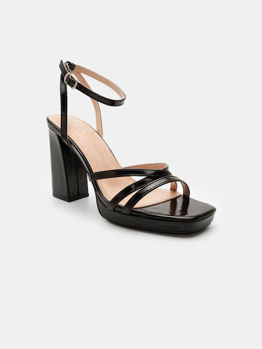 Luigi Platform Synthetic Leather Women's Sandals with Ankle Strap Black with Low Heel