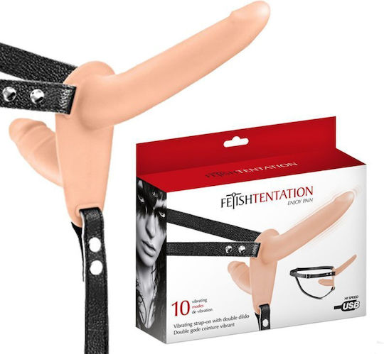 Fetish Tentation Fetish Tentation Harness with Double Dildo 15.5cm and Vibration in skin color
