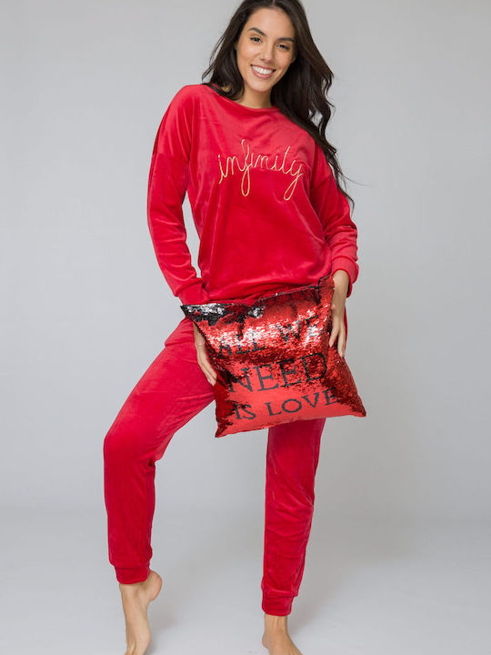 SNC Homewear Winter Damen Pyjama-Set Samt Rot