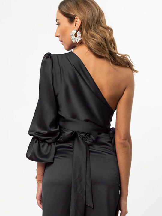 Rock Club Women's Blouse Satin with One Shoulder Black