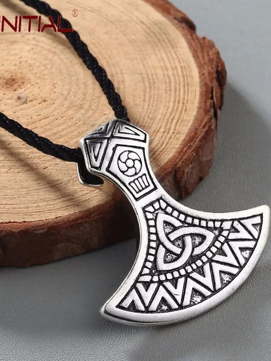 Огърлица Топор Дизайн Трикетра Сребрист Отенък Черен Каишка Necklace Ax Symbol Triqueta Silver Shade Black Rope Molfs