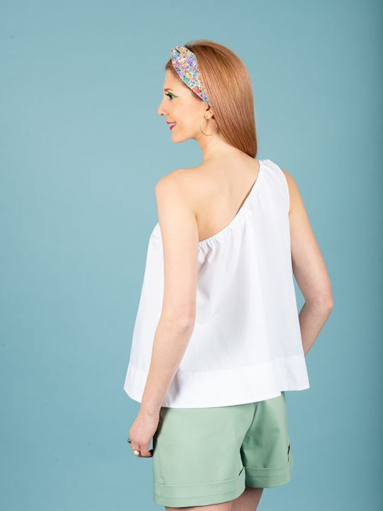 Γυναικεία Μπλούζα Βαμβακερή Off-Shoulder με έναν Ώμο Άσπρο