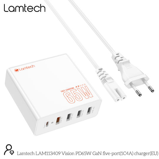 Lamtech Βάση Φόρτισης GaN με 4 Θύρες USB-A και Θύρα USB-C 65W Power Delivery σε Λευκό χρώμα (LAM113409)