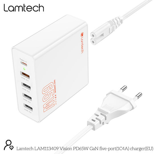Lamtech Βάση Φόρτισης GaN με 4 Θύρες USB-A και Θύρα USB-C 65W Power Delivery σε Λευκό χρώμα (LAM113409)