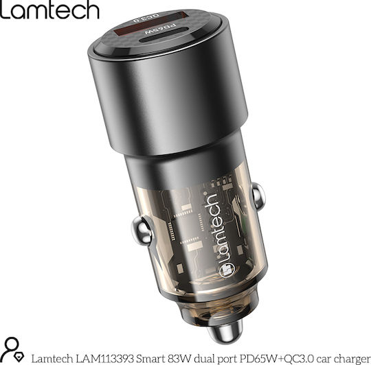 Lamtech Φορτιστής Αυτοκινήτου 83W με Θύρες: 1xUSB 1xType-C Μαύρος
