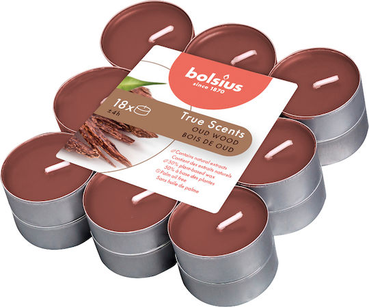 Bolsius Tealights True Scents With Oud Wood Scent In Brown Colour Up To 4 Hours Duration 18 Pieces