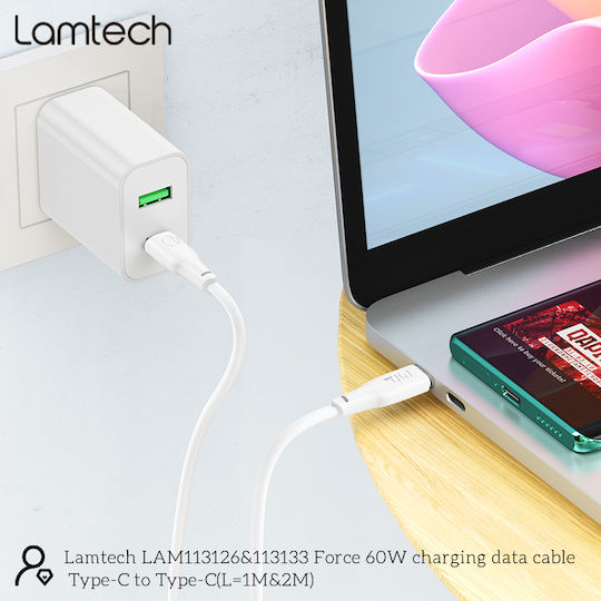 Lamtech USB 2.0 Cable USB-C male - USB-C 60W Λευκό 2m LAM113133