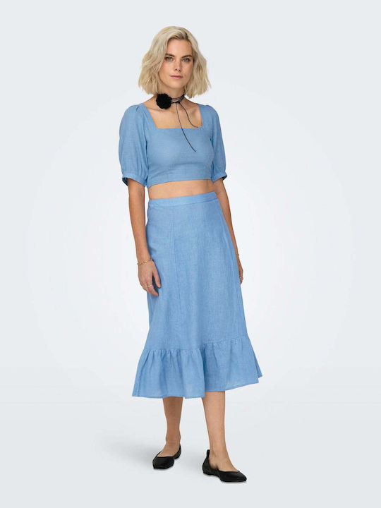 Only Women's Summer Crop Top Linen Short Sleeve Light Blue