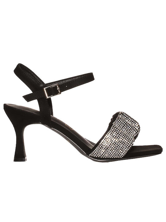 Azarey Leather Women's Sandals with Strass Black with Medium Heel