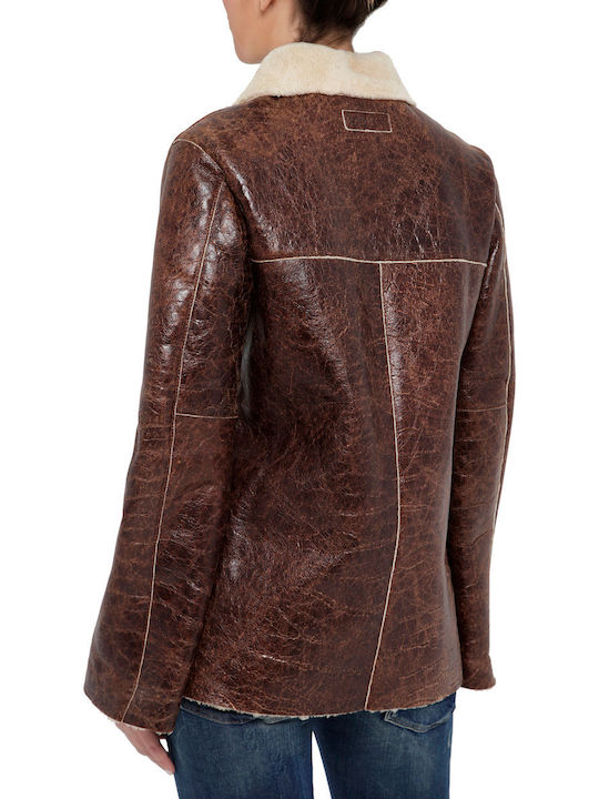 Malboro Classics Women's Short Lifestyle Leather Jacket for Winter Brown