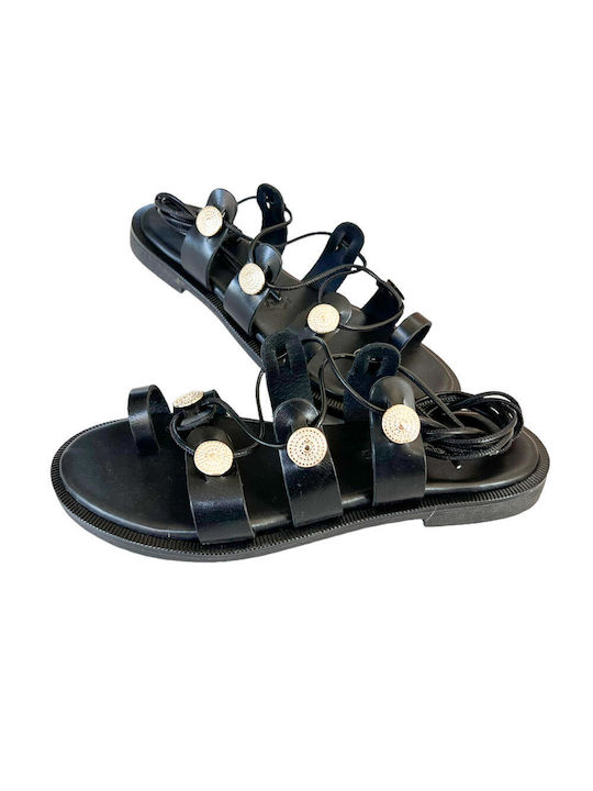 Gkavogiannis Sandals Leather Women's Flat Sandals in Black Color