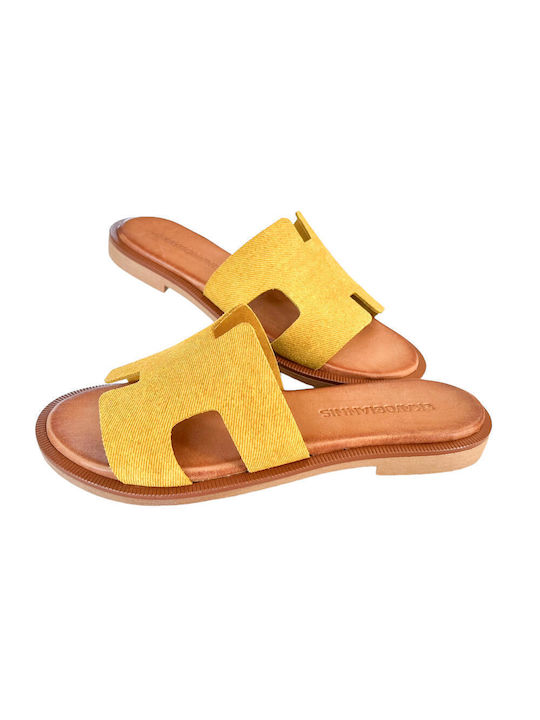 Gkavogiannis Sandals Leder Damen Flache Sandalen in Gelb Farbe