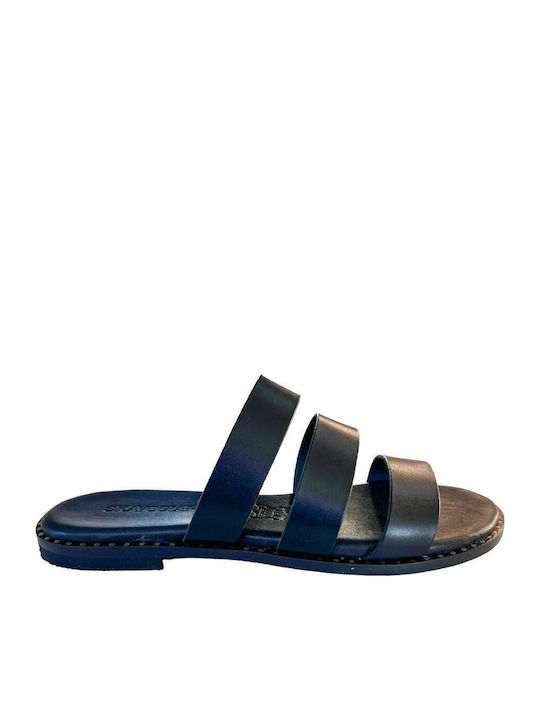 Leather Women's Flat Sandals in Black Color