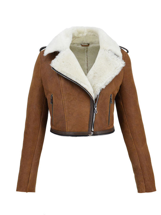 Dermatina 100 Women's Short Lifestyle Leather Jacket for Winter Cognac