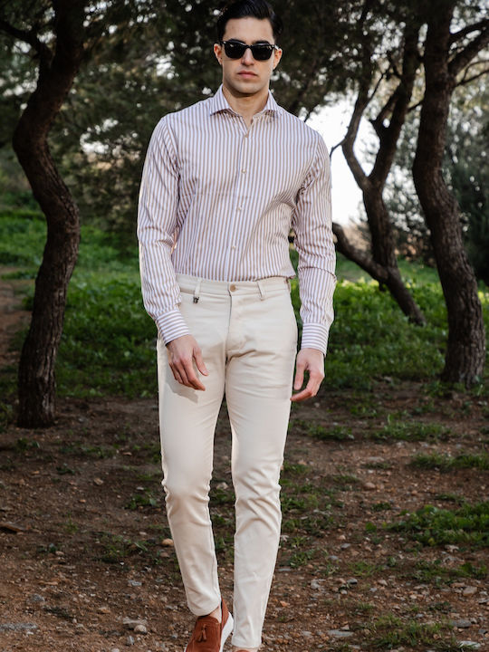 Long-sleeved Cotton Shirt Striped Beige