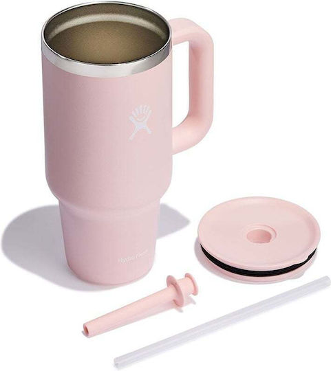 Hydro Flask Travel Tumbler Handled Tumbler Θερμός Ανοξείδωτο BPA Free 946ml Ροζ με Καλαμάκι και Λαβή