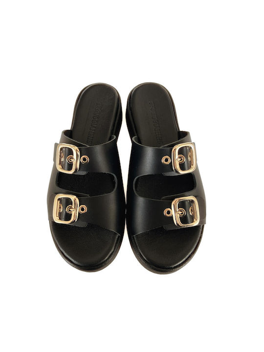 Gkavogiannis Sandals Leather Women's Flat Sandals Flatforms in Black Color