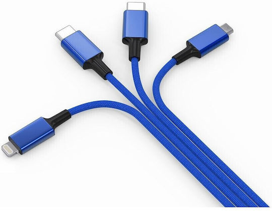 Smrter Regular USB to Lightning / Type-C / micro USB Cable 3A Μπλε 1m