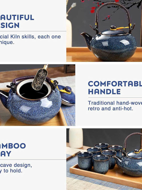 Dujust Tea Set with Cup Porcelain Blue 700ml 8pcs