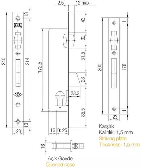 Kale Termos Recessed Lock Bilias,Recessed Locks with Cylinder and Center 25mm Silver