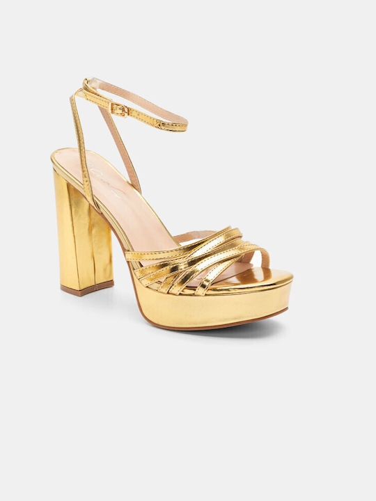 Luigi Platform Synthetic Leather Women's Sandals with Ankle Strap Gold with Low Heel