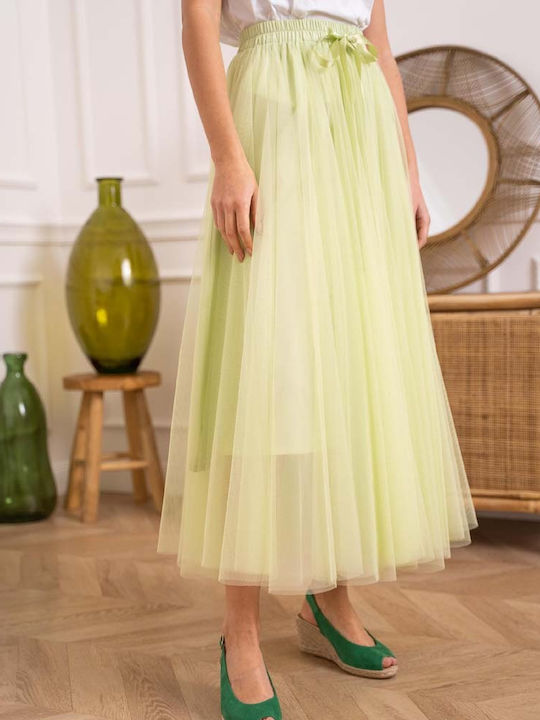 High Waist Maxi Skirt with Tulle in Green color