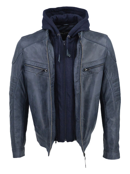 Δερμάτινα 100 Men's Winter Leather Biker Jacket Grey-blue