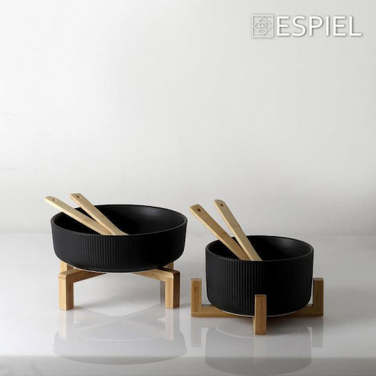 Espiel Σαλατιέρα με Κουτάλες Κεραμική Μαύρη 20x20x10cm