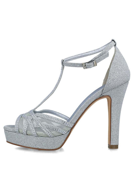 Menbur cu platformă Piele sintetică Women's Sandals cu fereastră transparentă cu strasuri Argint with High Heel