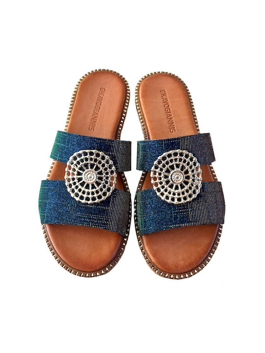 Gkavogiannis Sandals Leather Women's Flat Sandals in Blue Color