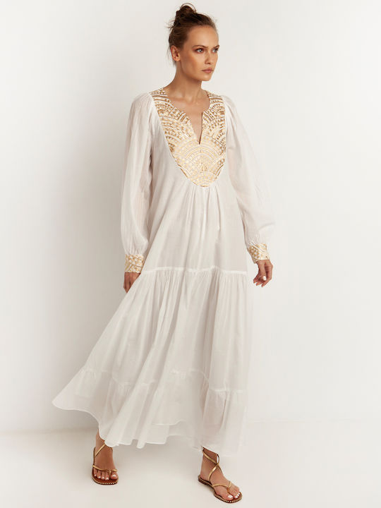 Greek Archaic Kori Maxi Kleid mit Rüschen White-Gold