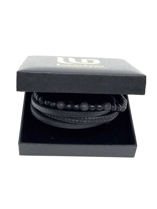 Black Leather Bracelet made of Stainless Steel with Volcanic Stones