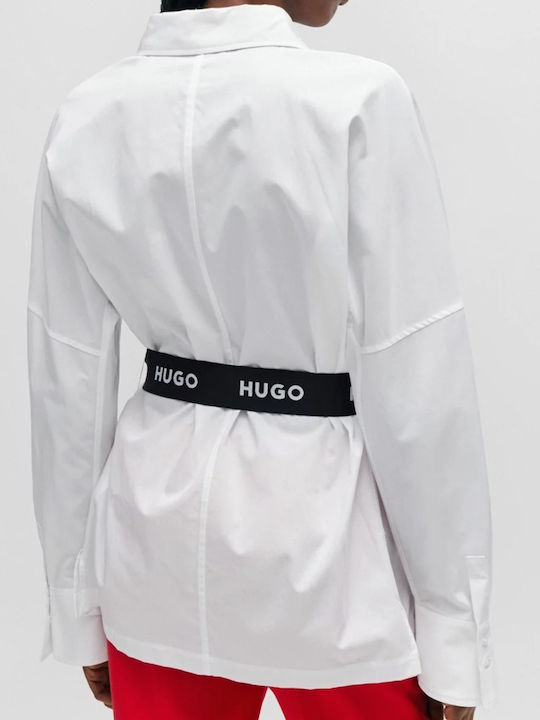 Hugo Boss Damen Bluse Baumwolle Langärmelig Weiß