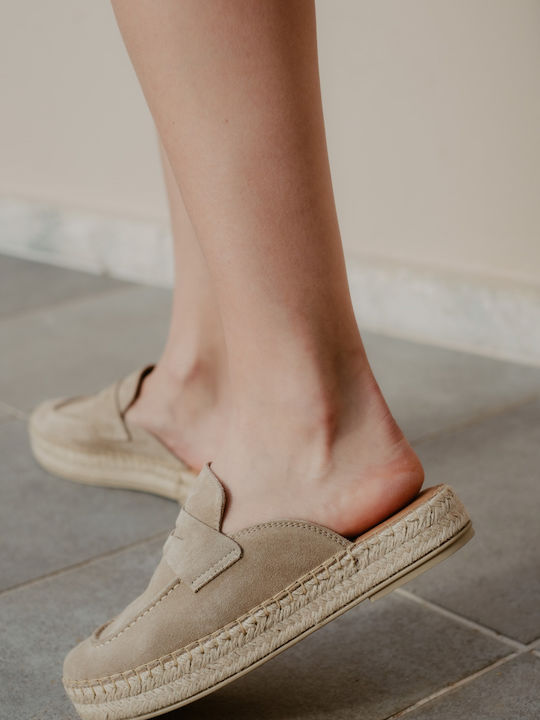 Leather Mules with Chunky High Heel in Beige Color