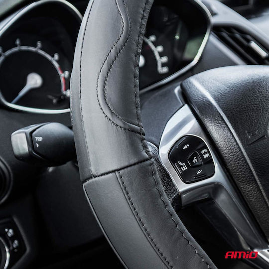 AMiO Car Steering Wheel Cover with Diameter 35-37cm made of Leatherette Black with Black Stitching