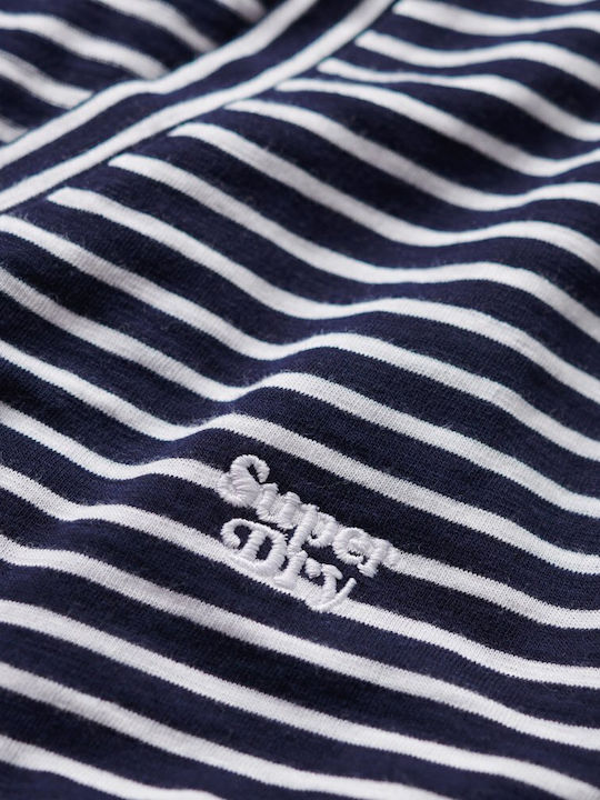 Studios Slub Emb Vee Damen Bluse Baumwolle Kurzärmelig mit V-Ausschnitt Gestreift Navy