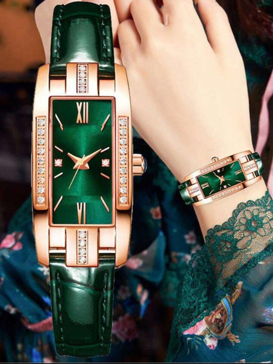 Woman's Fashion Γυναικείο Ρολόι Μπαταρίας με Πράσινο Δερμάτινο Λουράκι
